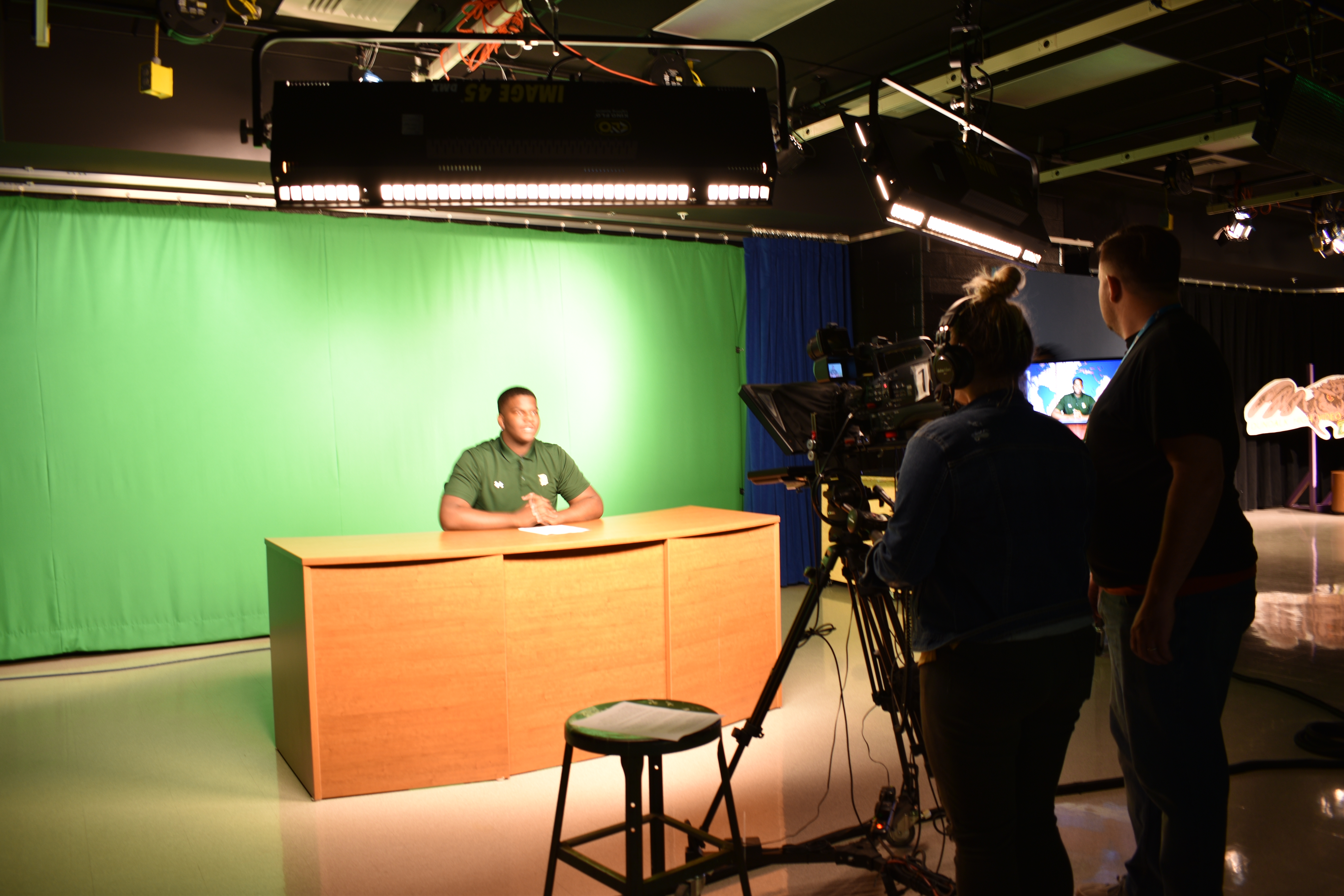 Student being recorded in the interactive Media Production class at Dundalk High School.